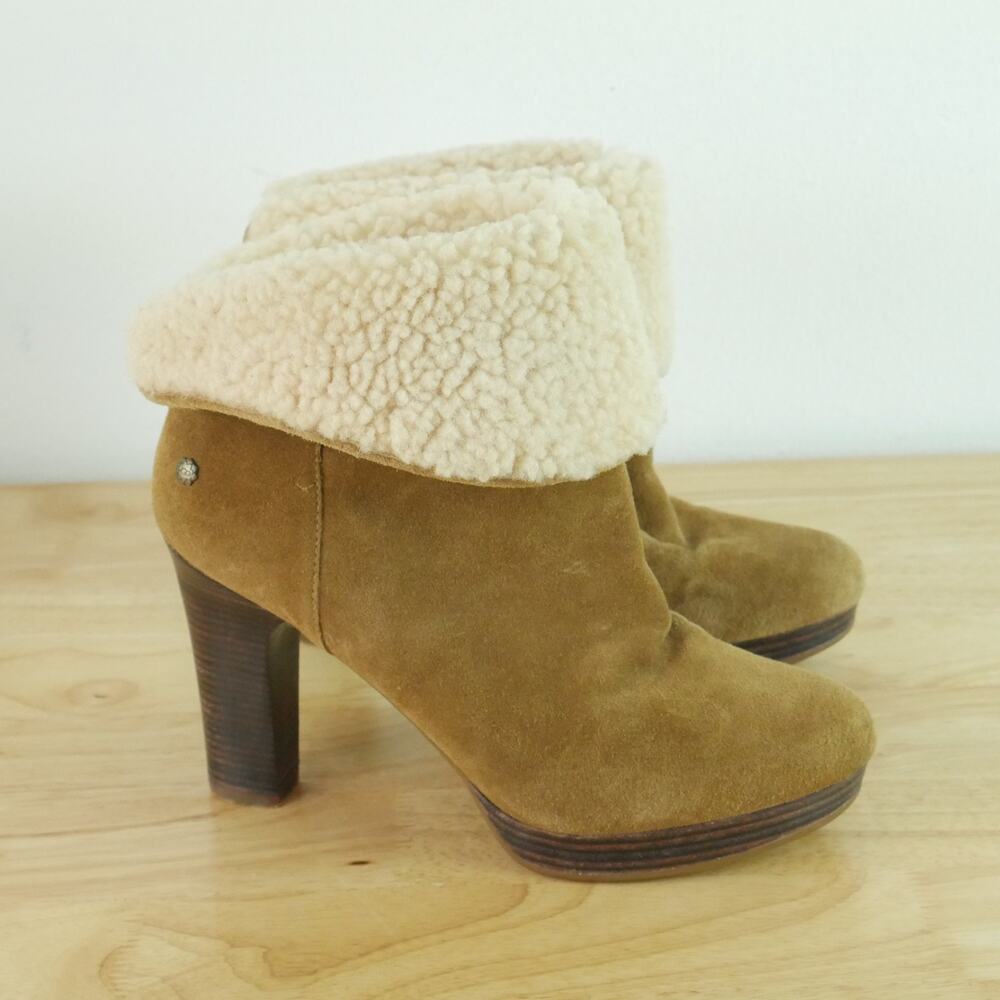 UGG Dandylion 8.5 Boots Shearling Brown Suede Heel Platform Boots Chunky Retro‎